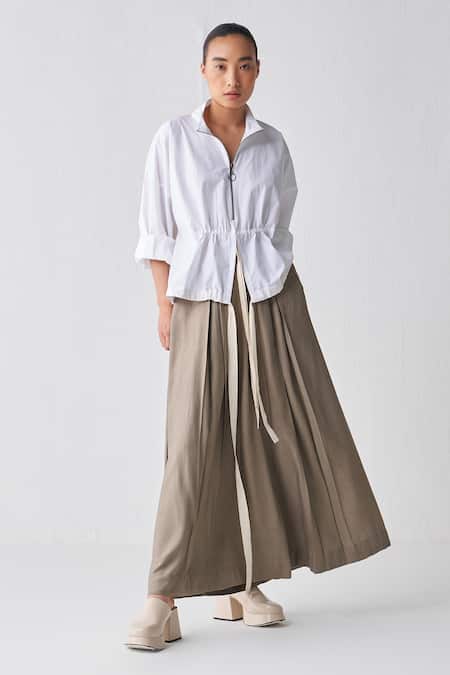 Shop_Three_White Poplin Open Neck Flowy Zip Up Top _Online_at_Aza_Fashions