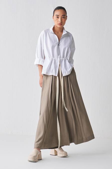 Buy_Three_White Poplin, Tencel Collared Drawstring Details Top And Box Pleated Pant Set _Online_at_Aza_Fashions