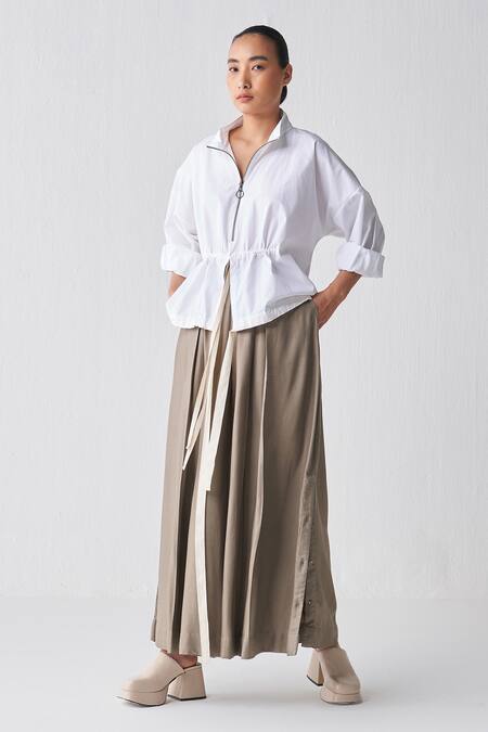 Shop_Three_White Poplin, Tencel Collared Drawstring Details Top And Box Pleated Pant Set _Online_at_Aza_Fashions