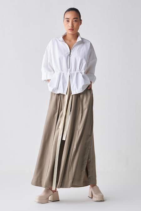 Three_White Poplin, Tencel Collared Drawstring Details Top And Box Pleated Pant Set _at_Aza_Fashions