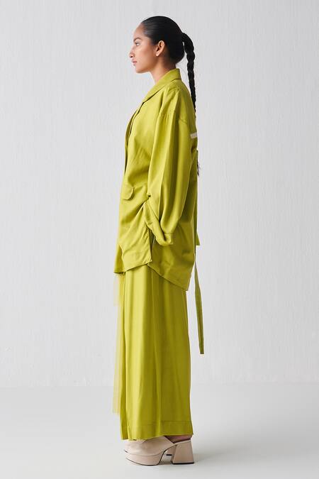 Three_Green Tencel Plain Inverted Box Pleated Pant _Online_at_Aza_Fashions