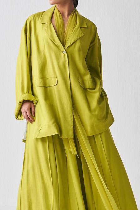 Three Green Tencel Collared Wide Sleeve Jacket And Pant Set at Aza Fashions Three_Green Tencel Collared Wide Sleeve Jacket And Pant Set _at_Aza_Fashions