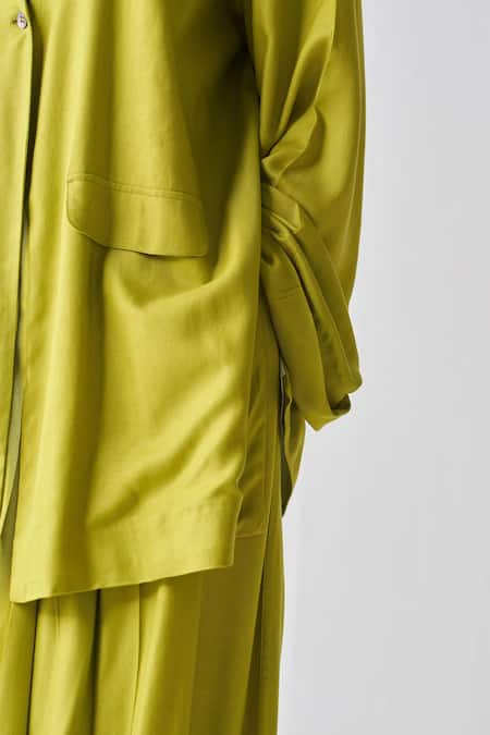 Three Green Tencel Collared Wide Sleeve Jacket And Pant Set Online at Aza Fashions Three_Green Tencel Collared Wide Sleeve Jacket And Pant Set _Online_at_Aza_Fashions