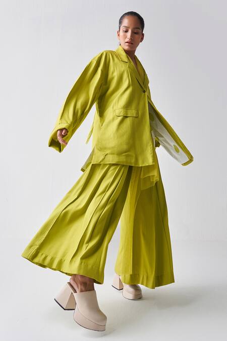 Shop_Three_Green Tencel Plain Inverted Box Pleated Pant _Online_at_Aza_Fashions