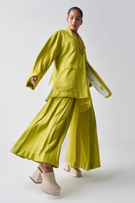 Shop Three Green Tencel Collared Wide Sleeve Jacket And Pant Set Online at Aza Fashions Shop_Three_Green Tencel Collared Wide Sleeve Jacket And Pant Set _Online_at_Aza_Fashions