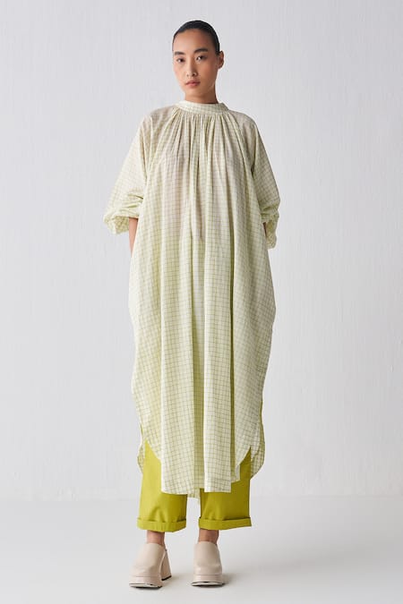 Three_Green Woven Checkered Band Collar Gathered Tunic _Online_at_Aza_Fashions