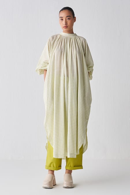 Three Green Tunic Mul Checks Band Collar Lime Checkered And Narrow Pant Set Online at Aza Fashions Three_Green Tunic Mul Checks Band Collar Lime Checkered And Narrow Pant Set _Online_at_Aza_Fashions