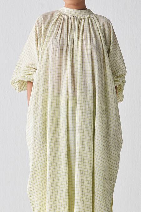 Shop Three Green Tunic Mul Checks Band Collar Lime Checkered And Narrow Pant Set Online at Aza Fashions Shop_Three_Green Tunic Mul Checks Band Collar Lime Checkered And Narrow Pant Set _Online_at_Aza_Fashions