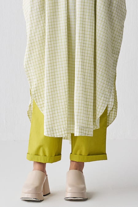 Three Green Tunic Mul Checks Band Collar Lime Checkered And Narrow Pant Set at Aza Fashions Three_Green Tunic Mul Checks Band Collar Lime Checkered And Narrow Pant Set _at_Aza_Fashions