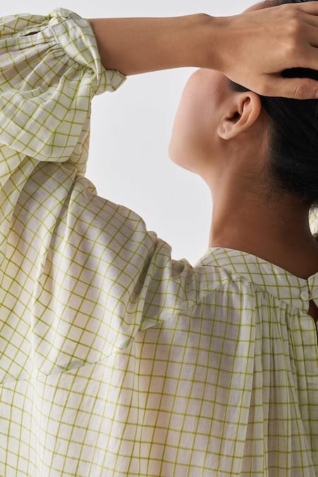 Shop_Three_Green Woven Checkered Band Collar Gathered Tunic _Online_at_Aza_Fashions