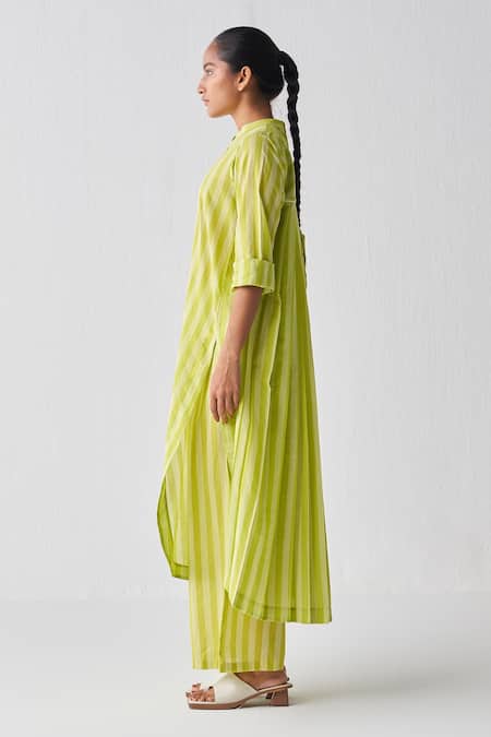 Three Green Mul Woven Stripe Mandarin Collar Tunic Online at Aza Fashions Three_Green Mul Woven Stripe Mandarin Collar Tunic_Online_at_Aza_Fashions