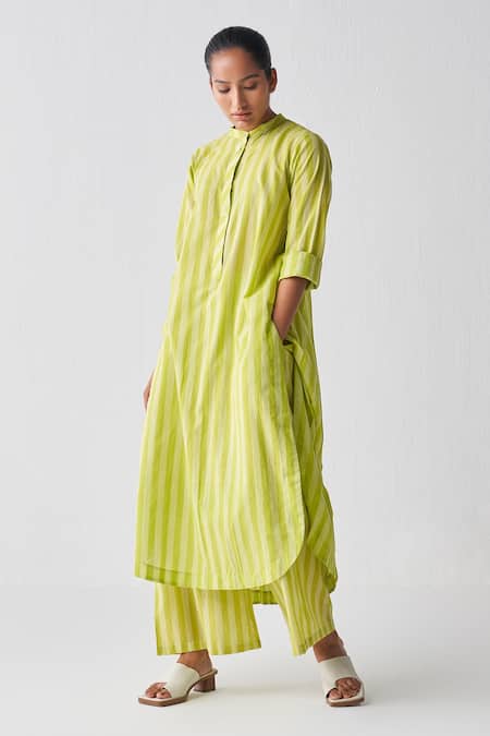 Three Green Mul Woven Stripe Mandarin Collar Tunic at Aza Fashions Three_Green Mul Woven Stripe Mandarin Collar Tunic_at_Aza_Fashions