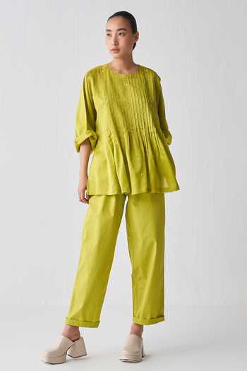 Three_Green Chanderi, Poplin Round Neck Pintuck Polka Top And Pant Set _Online_at_Aza_Fashions