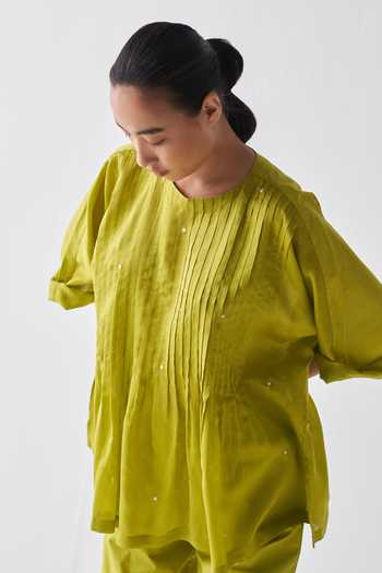 Buy_Three_Green Chanderi, Poplin Round Neck Pintuck Polka Top And Pant Set _Online_at_Aza_Fashions