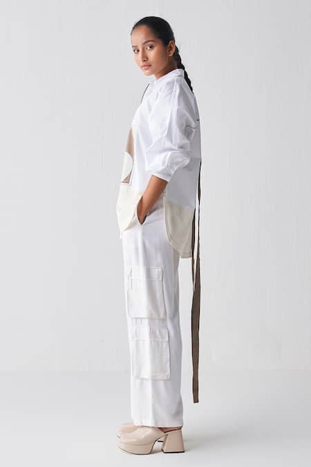 Three White Tencel Embroidered Fringes Detailed Cargo Pant Online at Aza Fashions Three_White Tencel Embroidered Fringes Detailed Cargo Pant _Online_at_Aza_Fashions