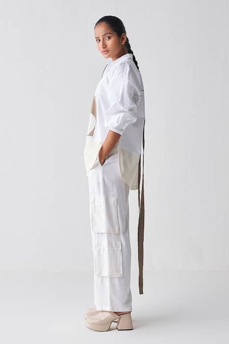 Three_White Poplin, Tencel Fringe Collared Patchwork Shirt And Pant Co-ord Set _Online_at_Aza_Fashions