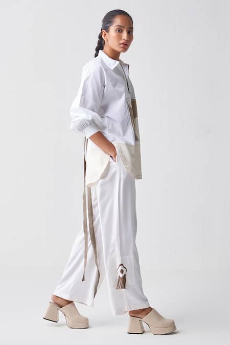 Shop Three White Tencel Embroidered Fringes Detailed Cargo Pant at Aza Fashions Shop_Three_White Tencel Embroidered Fringes Detailed Cargo Pant _at_Aza_Fashions