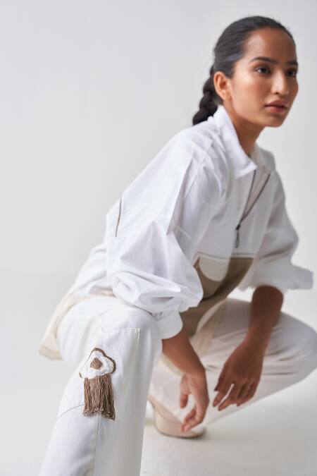 Shop_Three_White Poplin, Tencel Fringe Collared Patchwork Shirt And Pant Co-ord Set _Online_at_Aza_Fashions