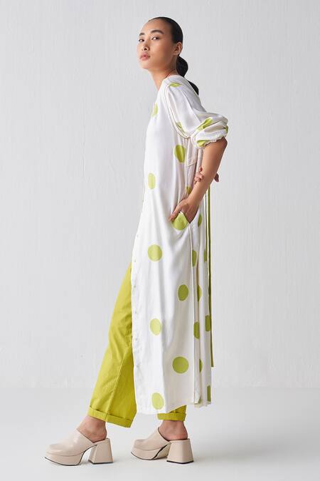 Three_Green Kurta Jacket Tencel Polka Round Pattern And Pant Set _Online_at_Aza_Fashions