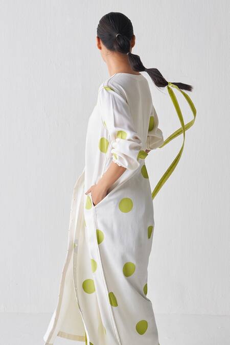 Shop_Three_Green Kurta Jacket Tencel Polka Round Pattern And Pant Set _Online_at_Aza_Fashions