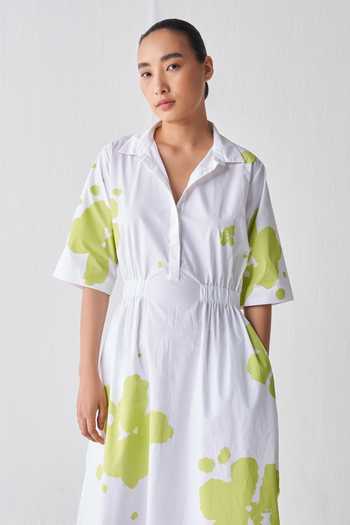 Three_White Poplin Collared Splash Pattern Side Elasticated Dress _at_Aza_Fashions