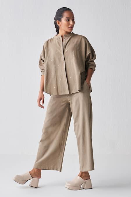 Buy_Three_Grey Handloom Cotton Cut Work Mandarin Collar Hand Painted Top _Online_at_Aza_Fashions