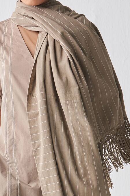 Three_Grey Embroidered Fringed Scarf_Online_at_Aza_Fashions