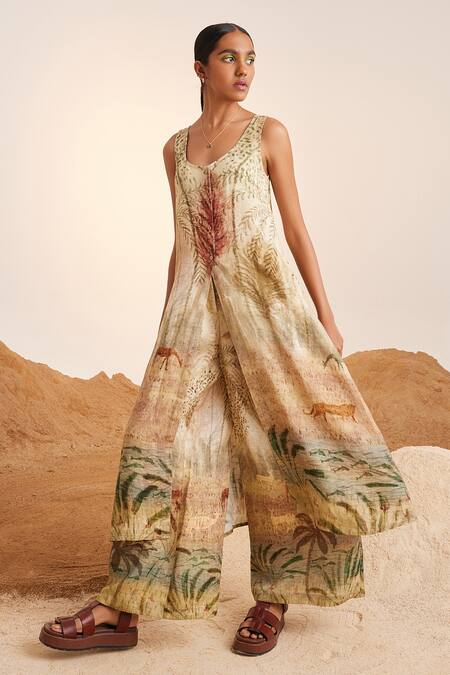 Buy_Cord_Beige Linen Scoop Neck Printed Tunic And Flared Pant Set