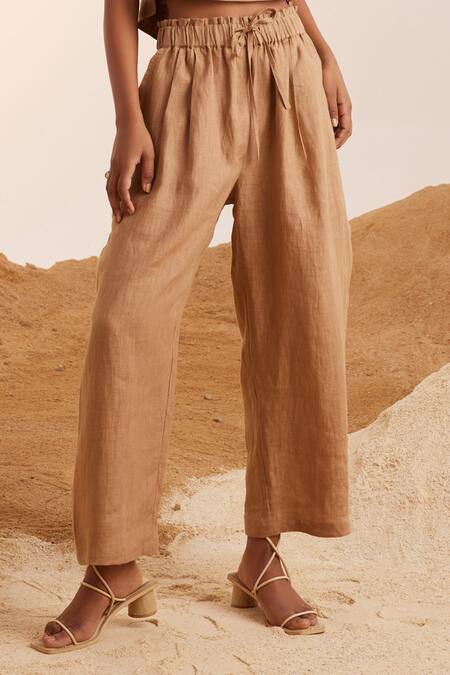 Buy_Cord_Brown Linen Drawstring Waist Pant_Online_at_Aza_Fashions