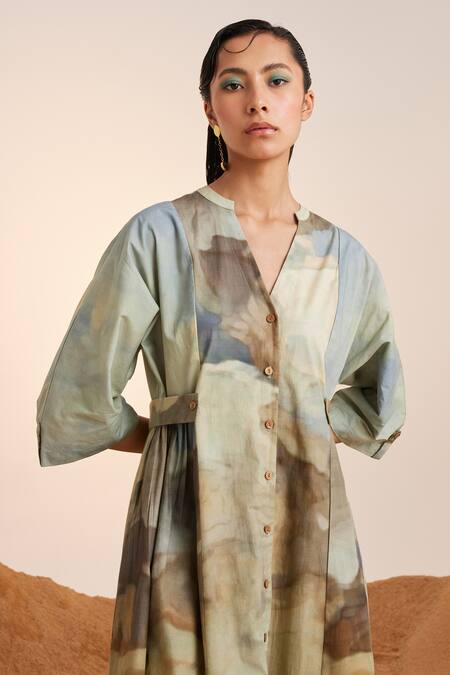 Cord_Blue Cotton V-neck Alpine Print A-line Dress_at_Aza_Fashions