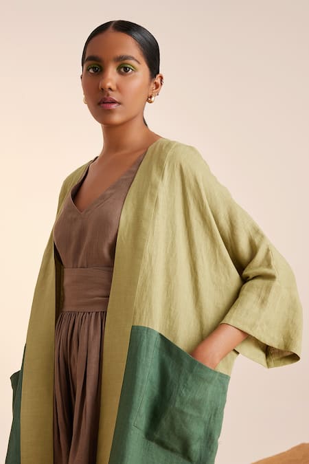 Cord_Green Linen V-neck Freya Color Block Cape With Dress _at_Aza_Fashions
