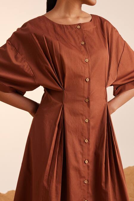 Shop_Cord_Brown Cotton Satin Boat Neck Pintuck Dress_Online_at_Aza_Fashions