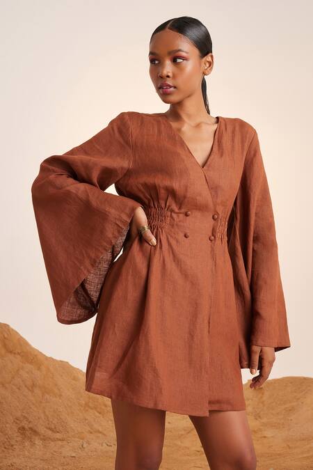 Cord_Brown Linen V Neck Bell Sleeve Dress_at_Aza_Fashions