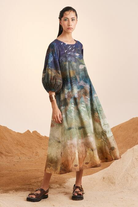 Cord_Blue Cotton Embroidery Round Neck Underwater Print Umbrella Dress_at_Aza_Fashions