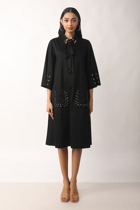 Veera Wear_Black Cotton Collared Bell Sleeve Solid Side Pocketed Dress _Online_at_Aza_Fashions