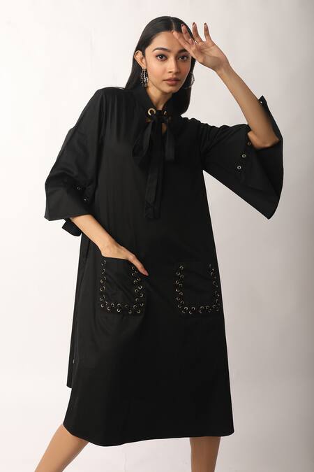 Buy_Veera Wear_Black Cotton Collared Bell Sleeve Solid Side Pocketed Dress _Online_at_Aza_Fashions
