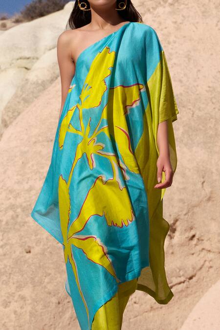 Twinkle Hanspal_Blue Handloom Chanderi Floral Asymmetric Fallon One Shoulder Kaftan And Pant Set_Online_at_Aza_Fashions