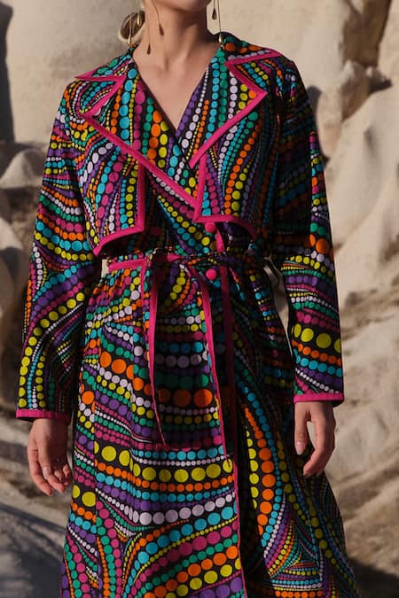 Twinkle Hanspal_Multi Color Handloom Chanderi Ocean Print Lapel Collar Madison Trench Coat_Online_at_Aza_Fashions