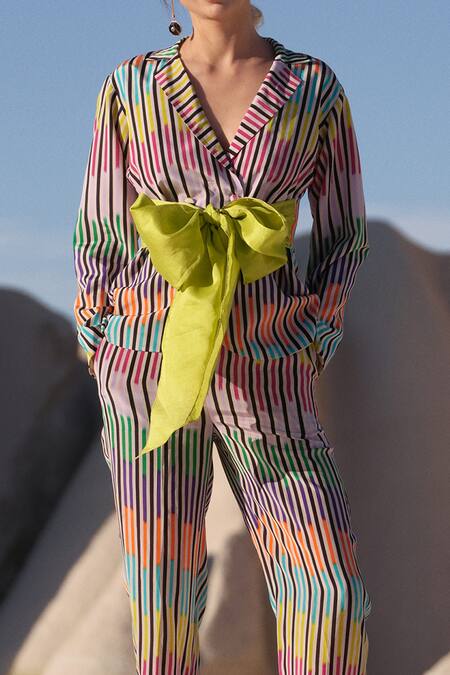 Twinkle Hanspal_Multi Color Crepe Print Chevron Lapel Collar Phoenix Blazer And Pant Set_Online_at_Aza_Fashions