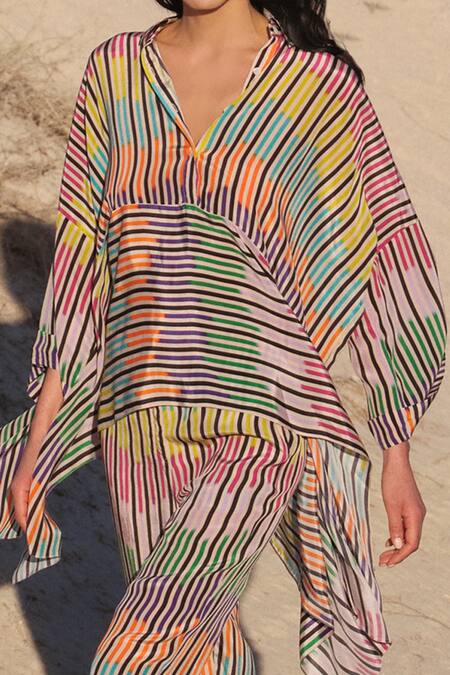 Twinkle Hanspal_Multi Color Crepe Chevron Spread Collar Diana Draped Shirt And Pant Set_Online_at_Aza_Fashions