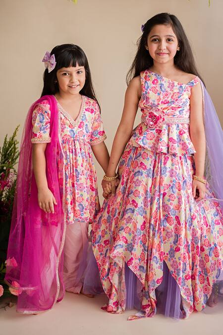 Buy_PA:Paa_Pink Cotton Satin Print And Embroidery Floral Print Beads Kurta & Dhoti Pant Set