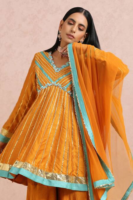 Label Nitika_Orange Dupatta Net, Madras Silk Gota And Sequin Embroidered Kurta Sharara Set_at_Aza_Fashions