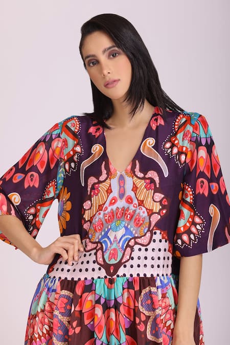 Alpona Designs By Soham Acharya Multi Color Cotton Silk Folk V Neck Print Dress Online at Aza Fashions Alpona Designs By Soham Acharya_Multi Color Cotton Silk Folk V Neck Print Dress _Online_at_Aza_Fashions