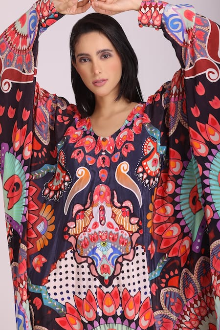Alpona Designs By Soham Acharya_Multi Color Natural Crepe Folk V Neck Print Kaftan Dress _Online_at_Aza_Fashions