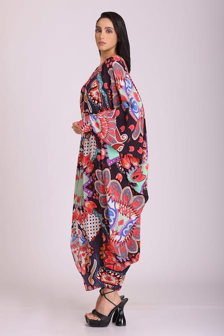 Buy_Alpona Designs By Soham Acharya_Multi Color Natural Crepe Folk V Neck Print Kaftan Dress _Online_at_Aza_Fashions