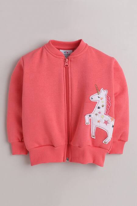 Knitting Doodles_Pink Fleece Embroidery Unicorn Patch Jacket And Joggers Set_Online_at_Aza_Fashions