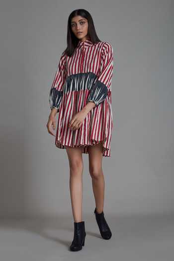 Buy_MATI_Off White 100% Cotton Striped High Neck Uno Pattern Dress_Online_at_Aza_Fashions