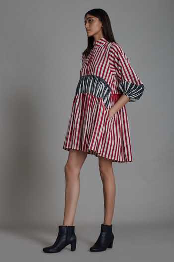 Shop_MATI_Off White 100% Cotton Striped High Neck Uno Pattern Dress_Online_at_Aza_Fashions
