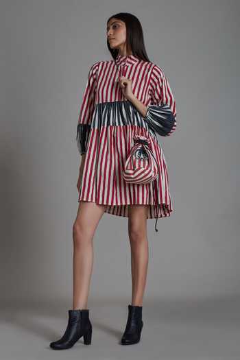 MATI_Off White 100% Cotton Striped High Neck Uno Pattern Dress_at_Aza_Fashions