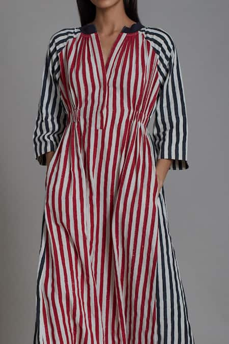 Mati_Off White 100% Cotton Striped T-shirt Collar Uno Pattern Jumpsuit _Online_at_Aza_Fashions